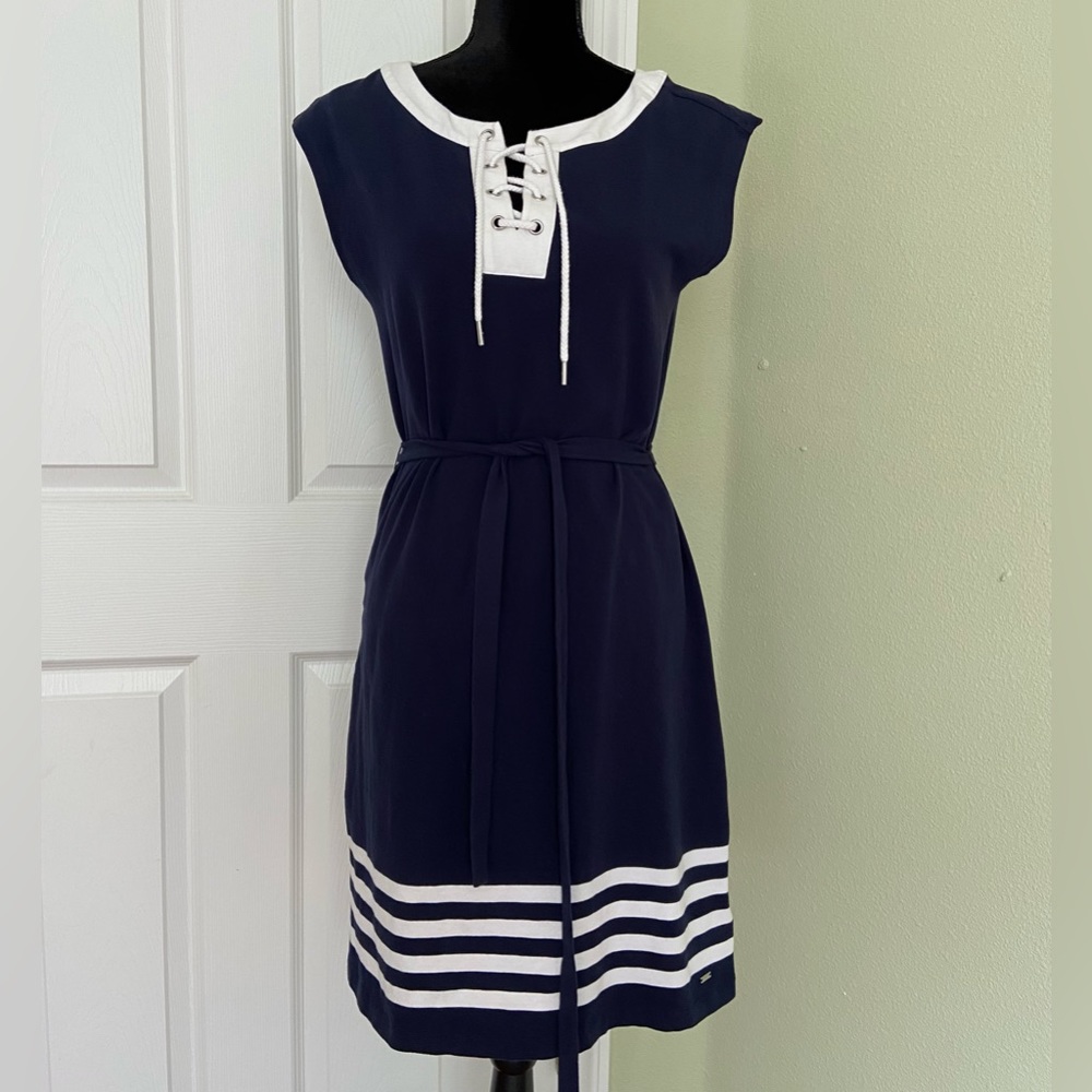 Tommy Hilfiger Navy Belted Lace Up Front Cotton Dress Striped